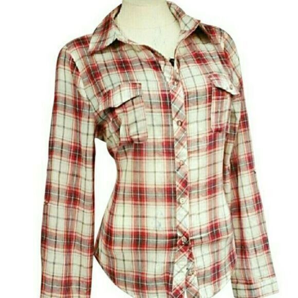 Plaid, Button Down Red and Blue Cute Top - Picture 1 of 3